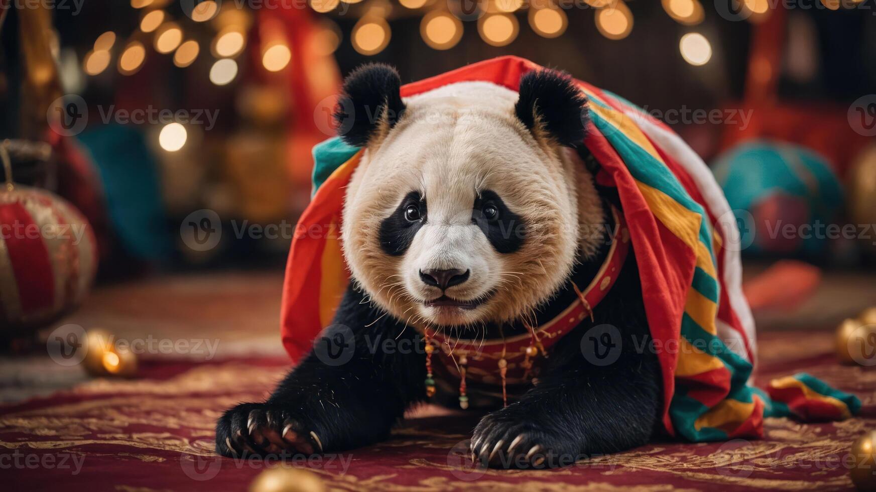 A panda draped in colorful fabric, surrounded by festive decorations and warm lighting. photo