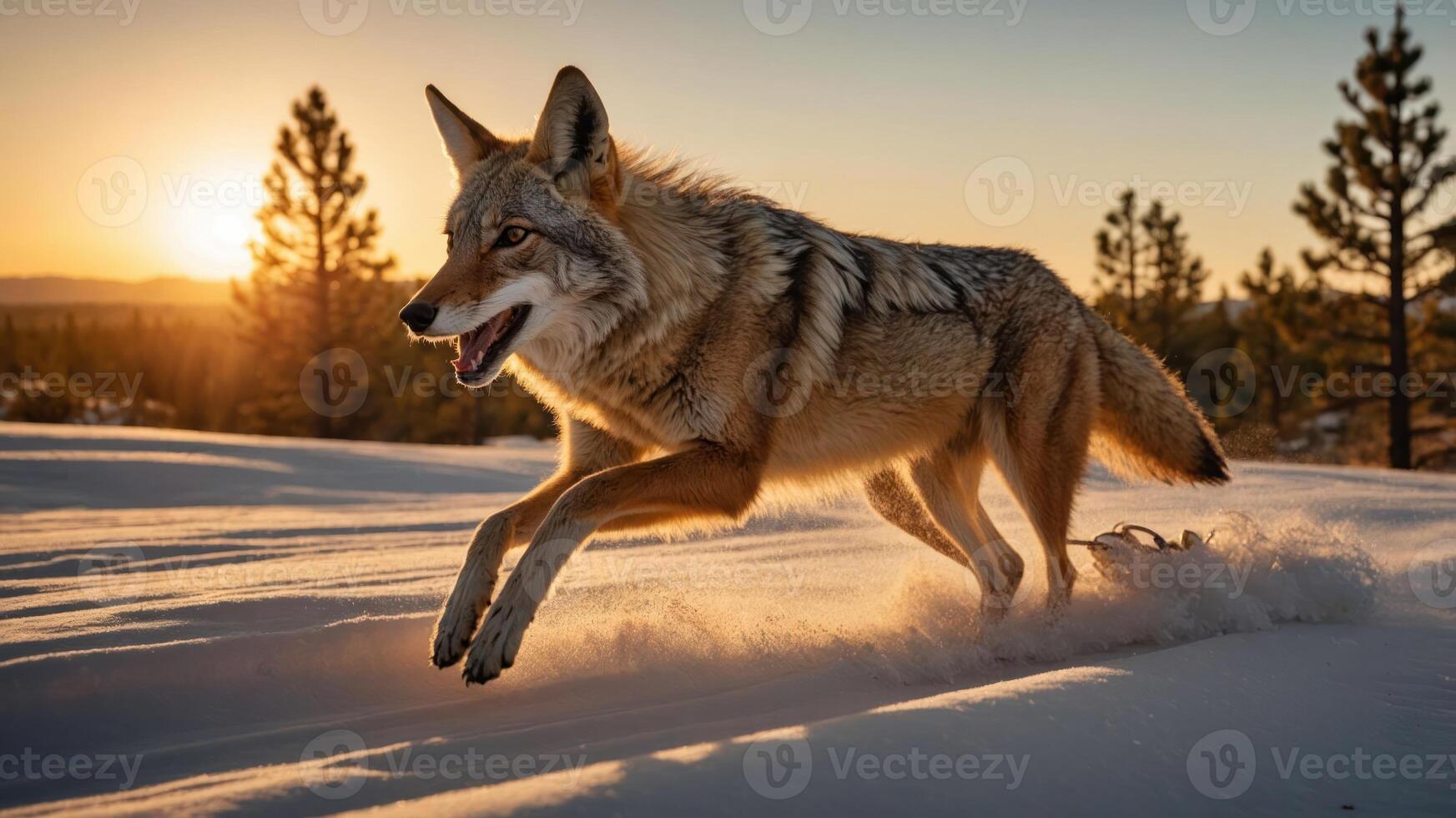 A coyote running through snow at sunset, showcasing its agility in a natural landscape. photo