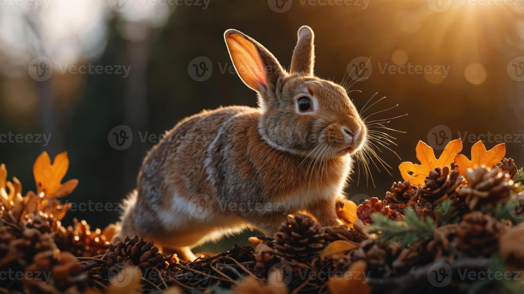 A rabbit exploring a forest floor adorned with autumn leaves and pine cones during sunset. photo