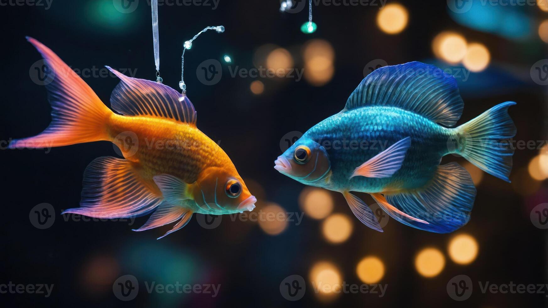 Two colorful fish swimming in an aquarium with soft, glowing lights in the background. photo