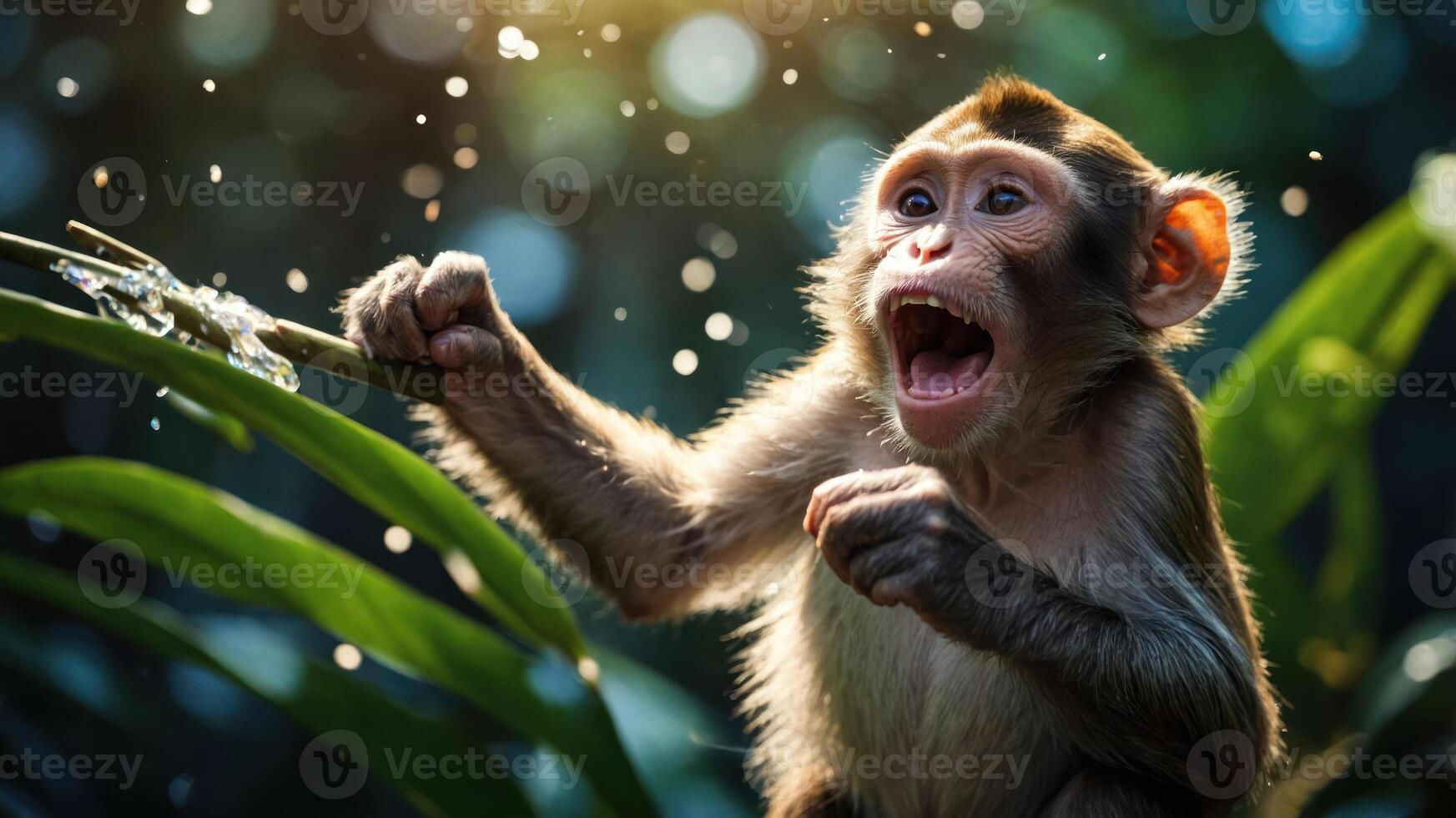 A playful monkey interacting with water amidst lush greenery. photo