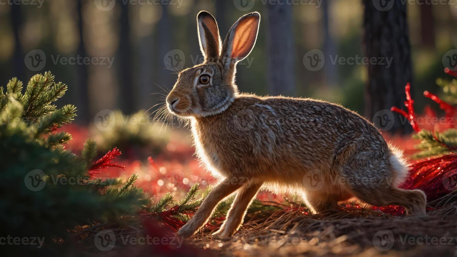 A rabbit in motion amidst a forest setting, illuminated by soft sunlight. photo