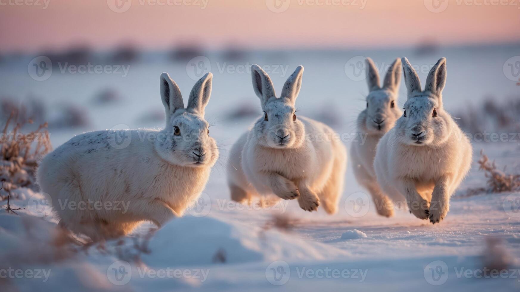 A group of four snowy rabbits running through a winter landscape at sunset. photo