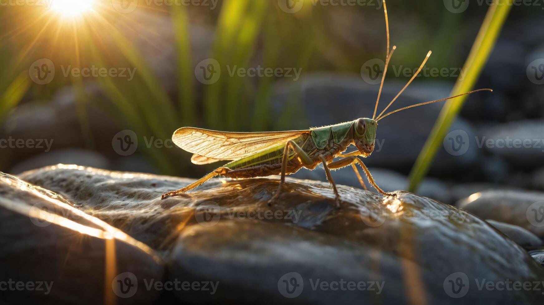 A close-up of a grasshopper perched on a rock, illuminated by sunlight. photo