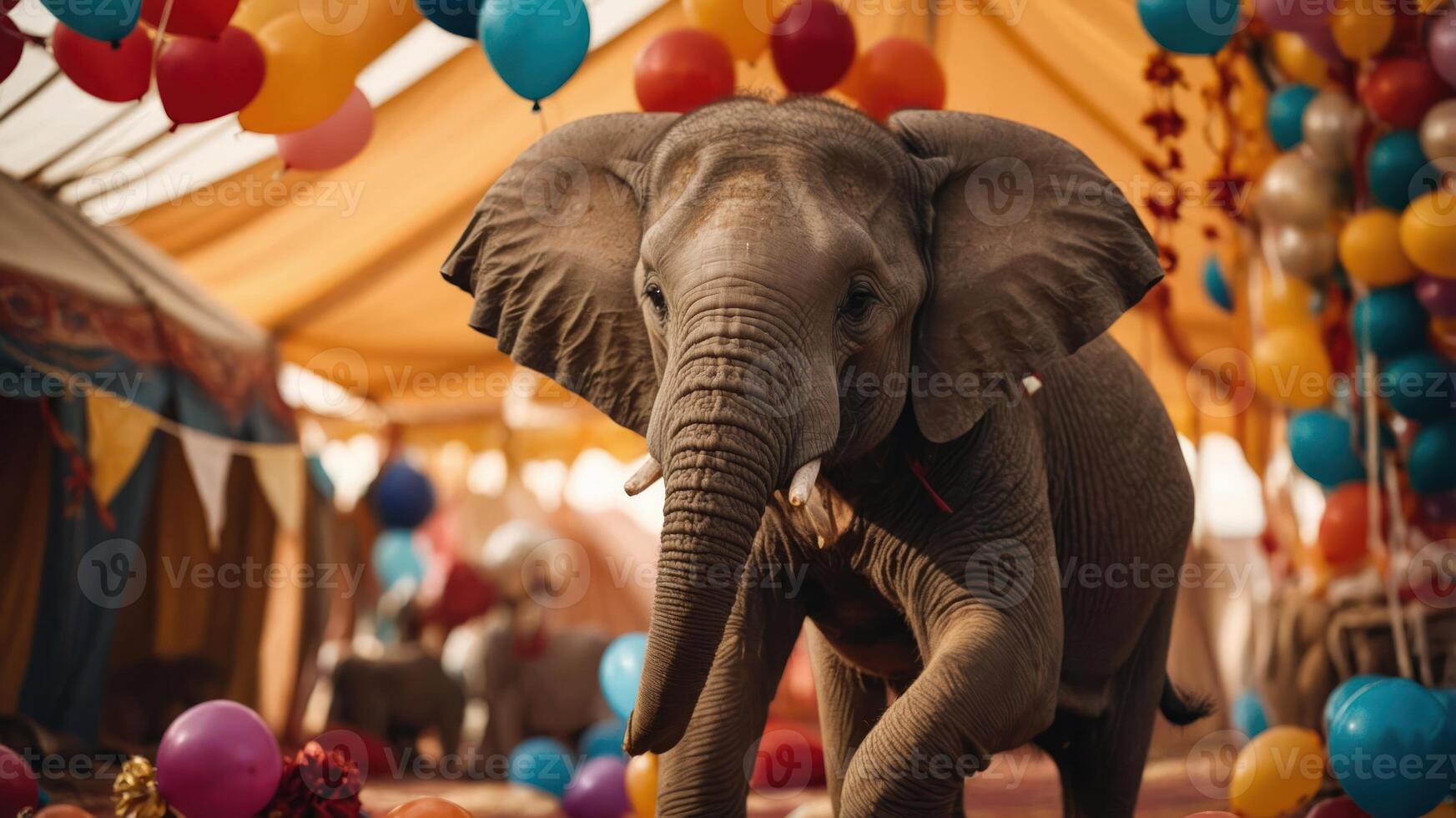 A playful elephant amidst colorful balloons in a festive tent setting. photo