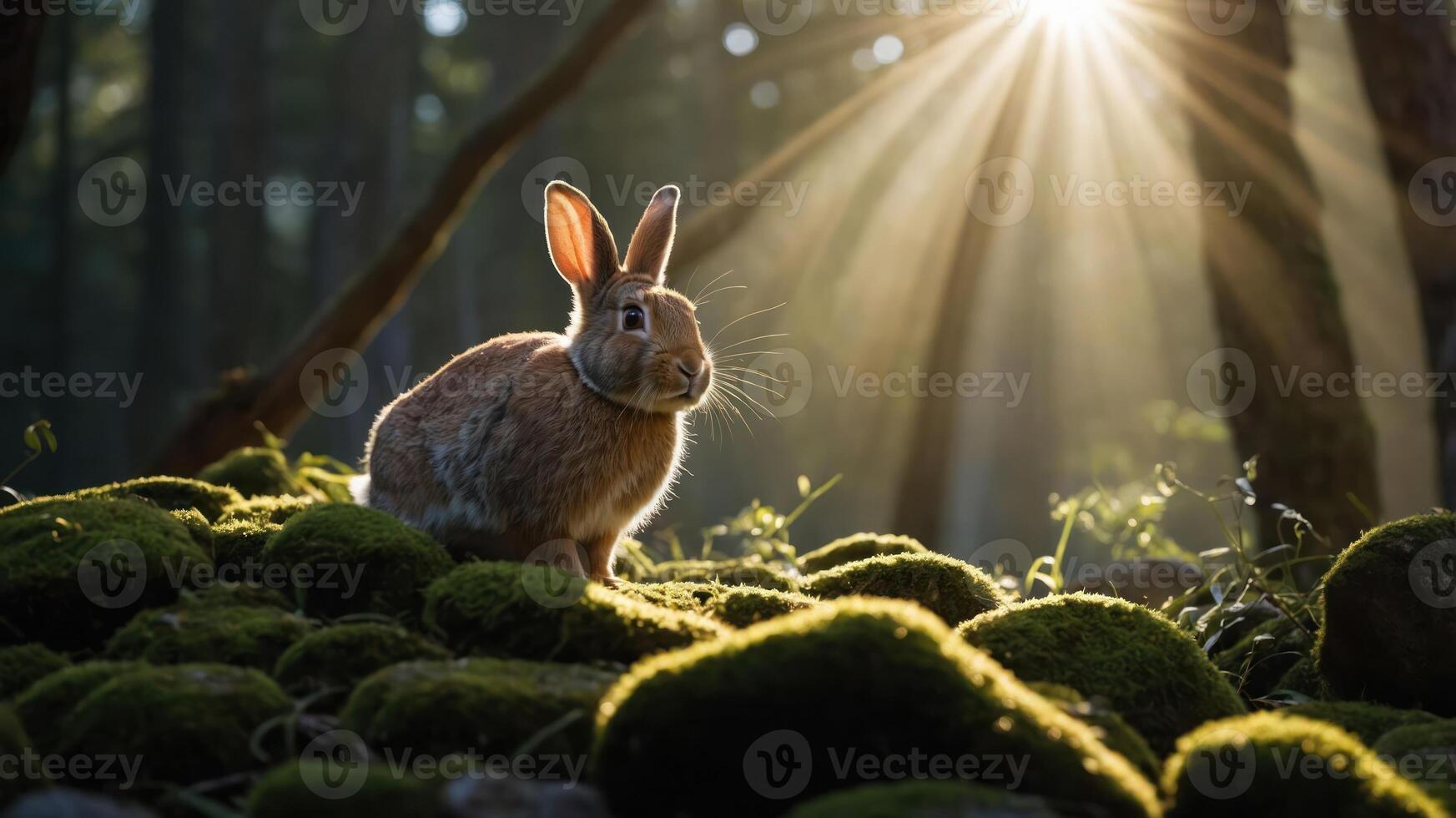 A serene rabbit sits on mossy ground, illuminated by sunlight filtering through trees. photo