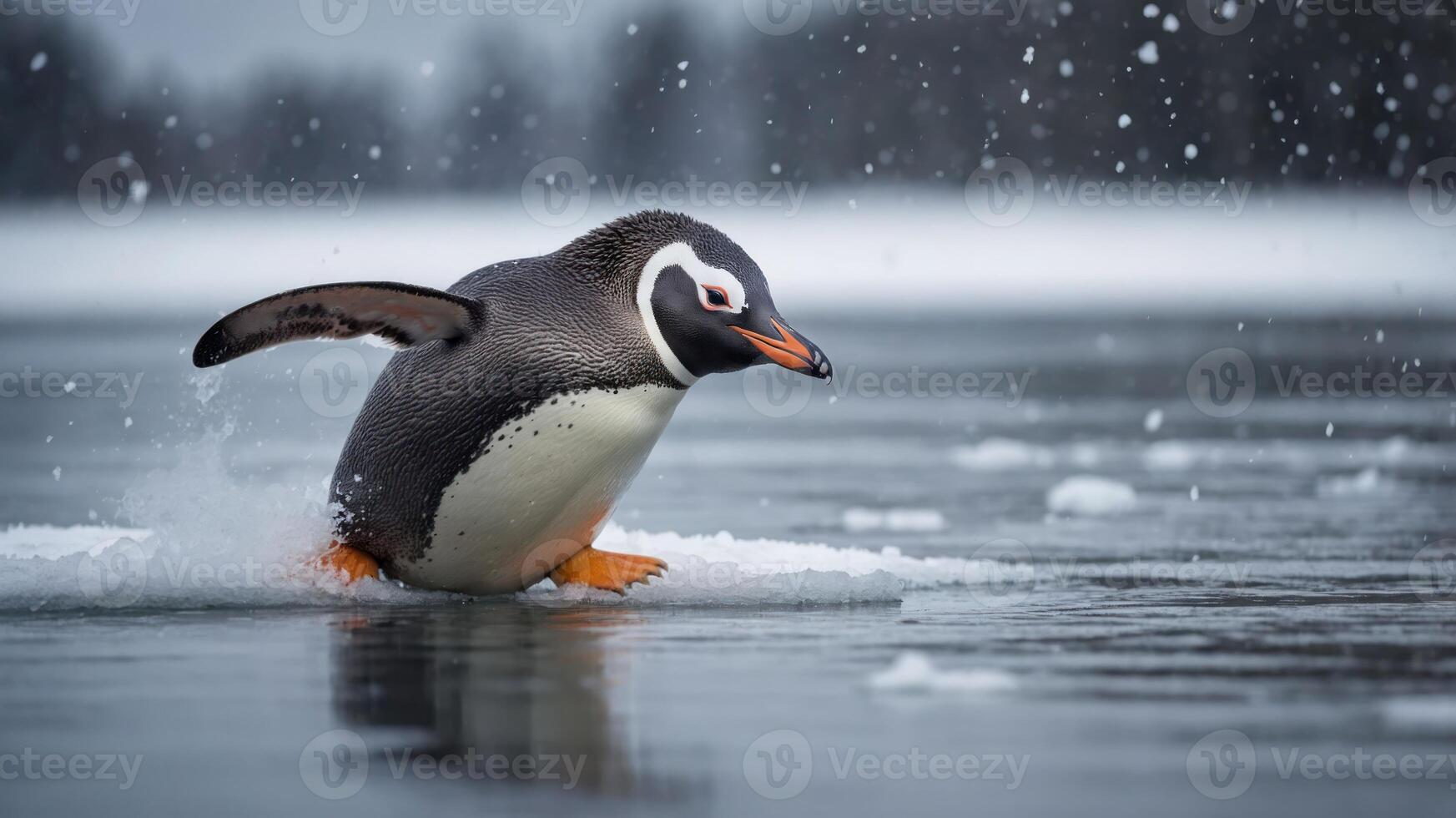 A penguin gracefully running across icy water with snowflakes falling around it. photo