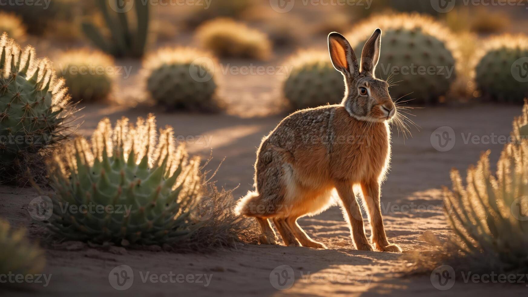 A hare stands in a desert landscape, illuminated by soft sunlight, surrounded by cacti. photo