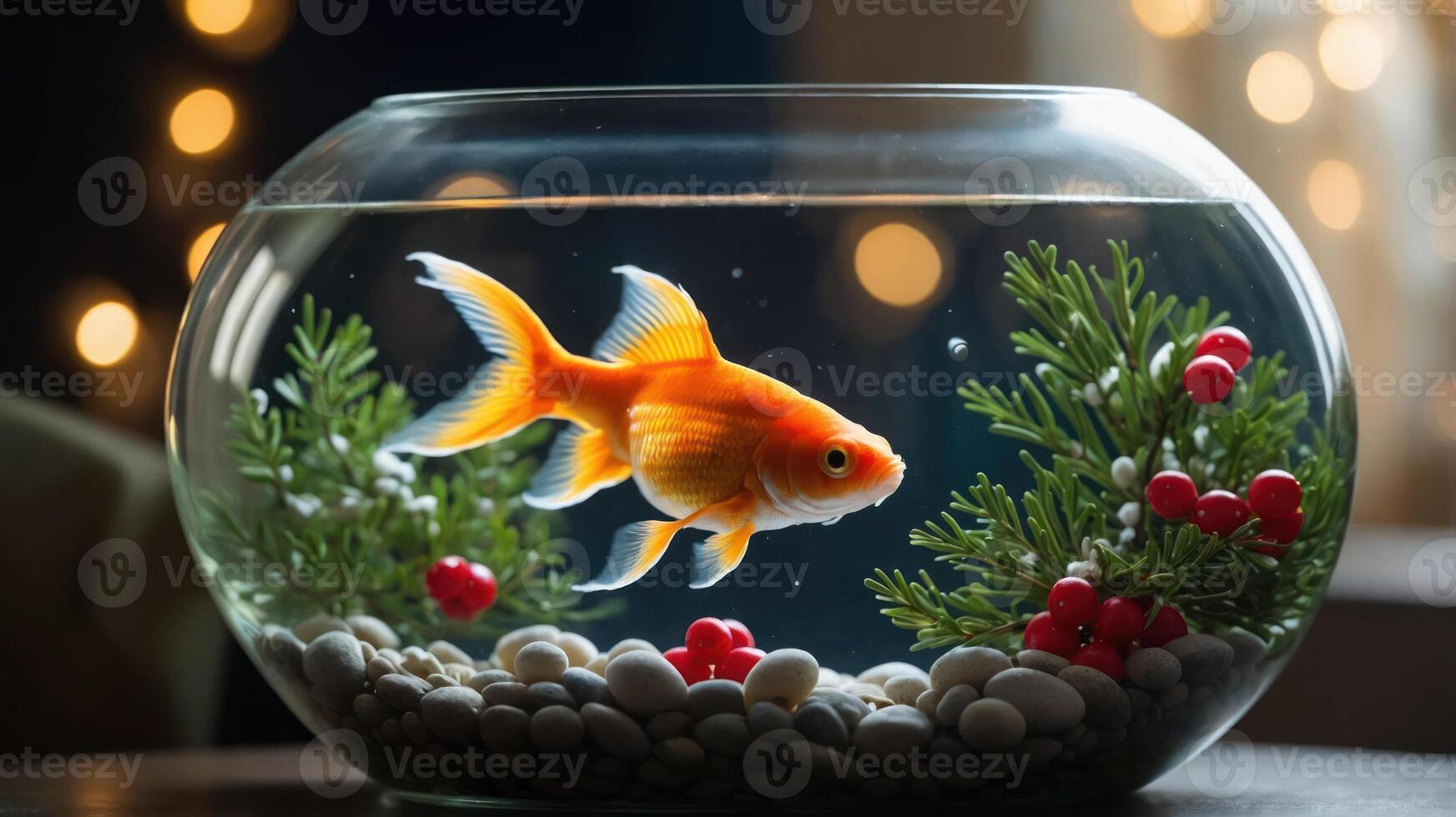 A goldfish swims in a decorative bowl with pebbles and greenery, creating a serene ambiance. photo