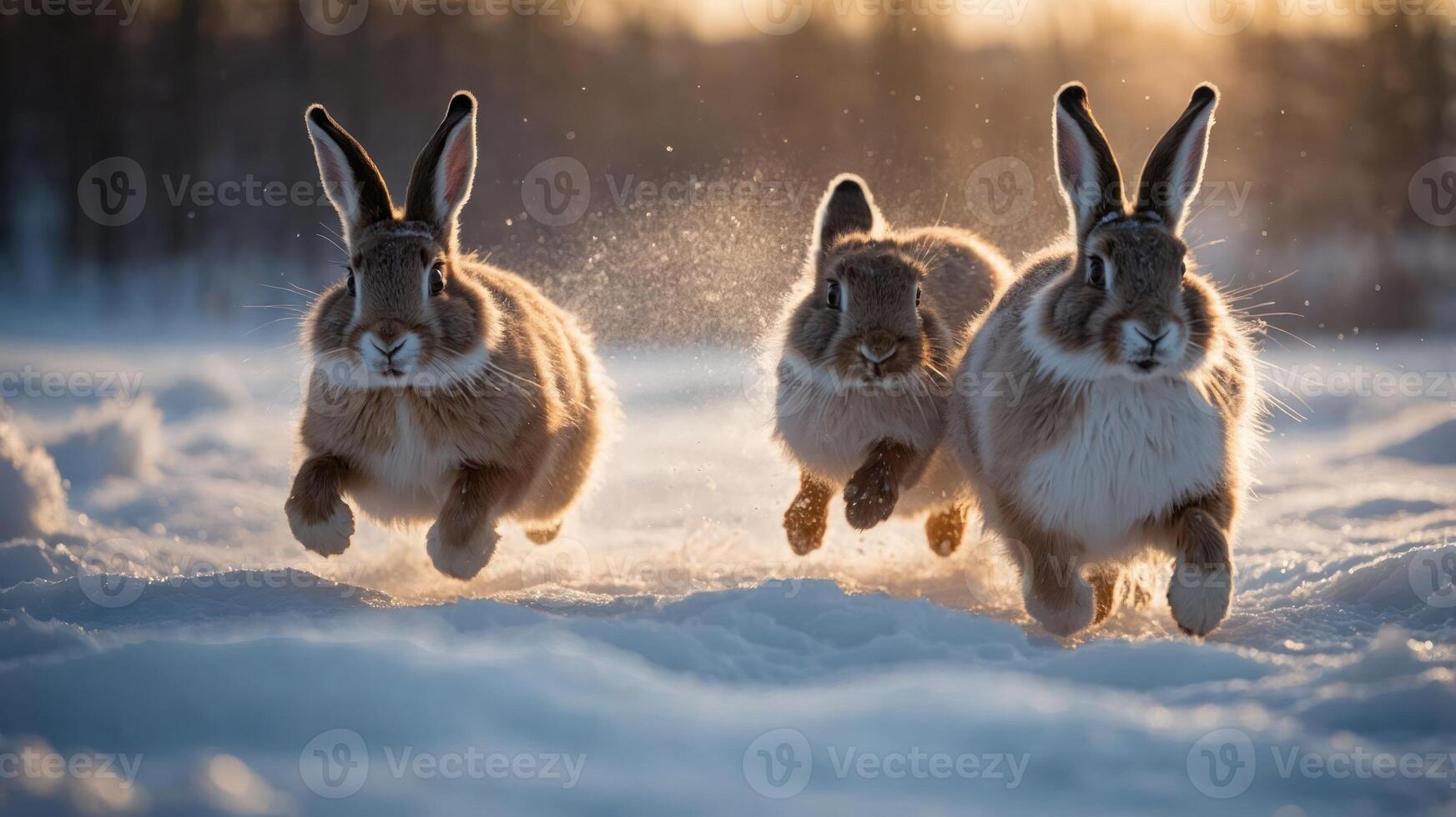 Three rabbits running through the snow during sunset. photo