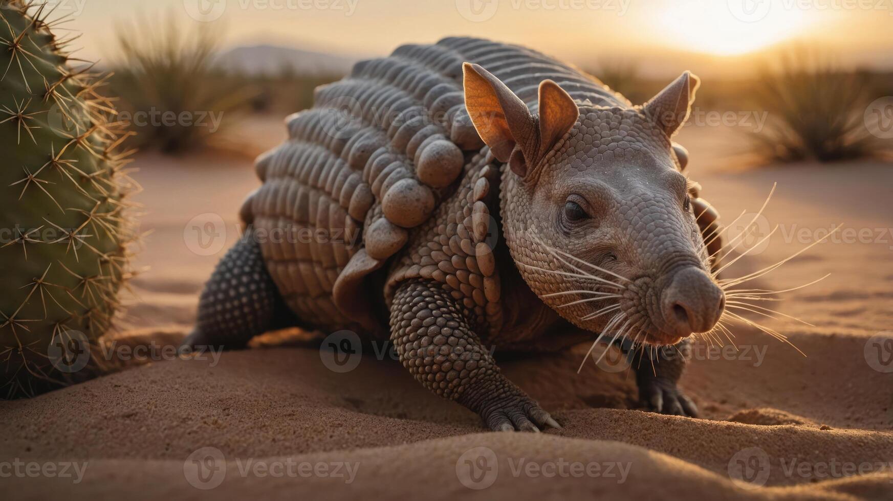 A close-up of an armadillo in a desert setting during sunset. photo