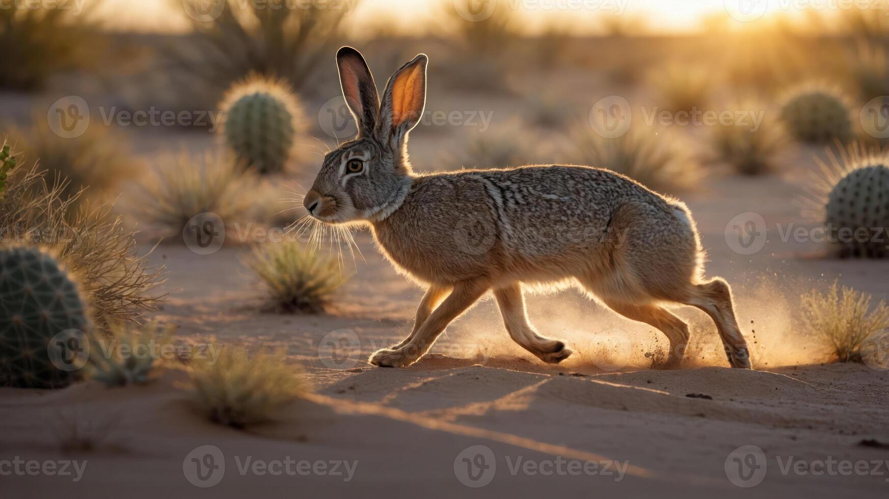 A hare running through a desert landscape at sunset, surrounded by cacti and vegetation. photo