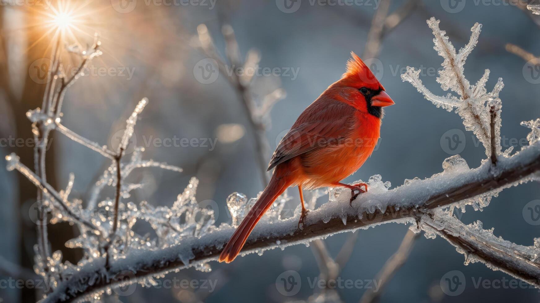A vibrant cardinal perched on a frosty branch with sunlight glimmering in the background. photo