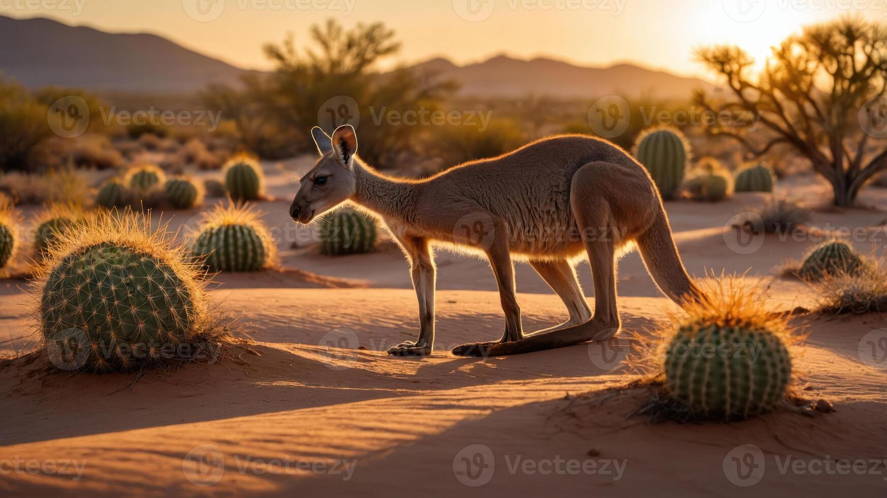 A kangaroo walking through a desert landscape dotted with cacti at sunset. photo
