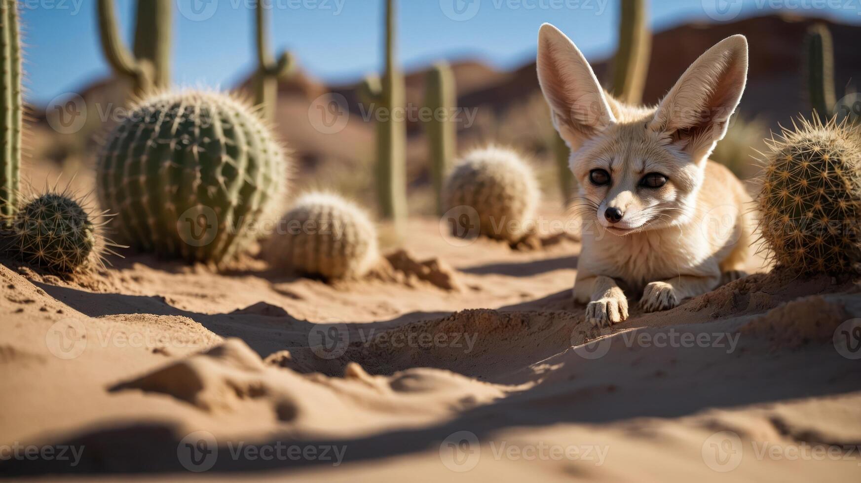 A fennec fox rests in a desert landscape surrounded by cacti and sand. photo