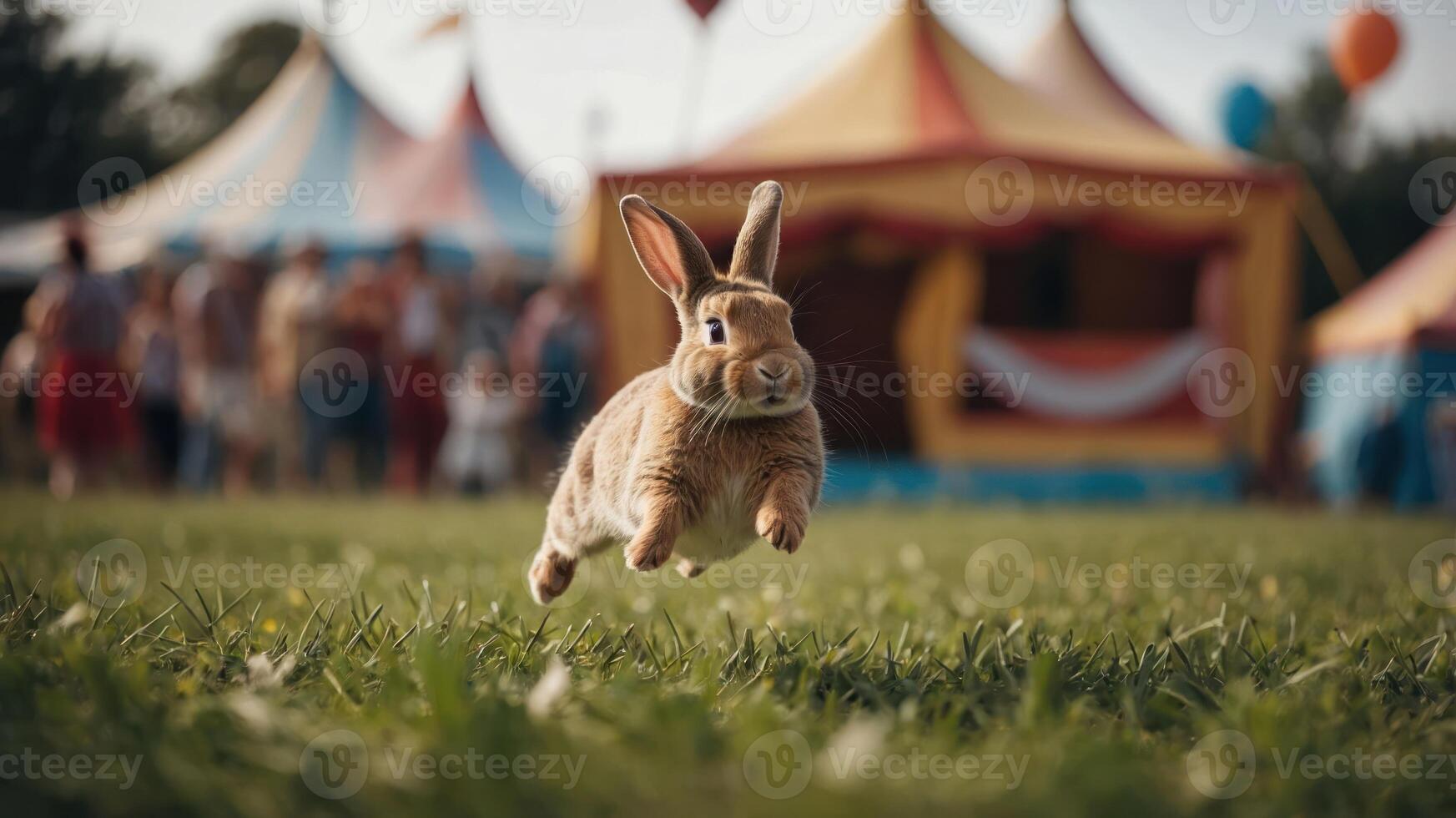 A rabbit leaps joyfully in a vibrant carnival setting with tents and people in the background. photo