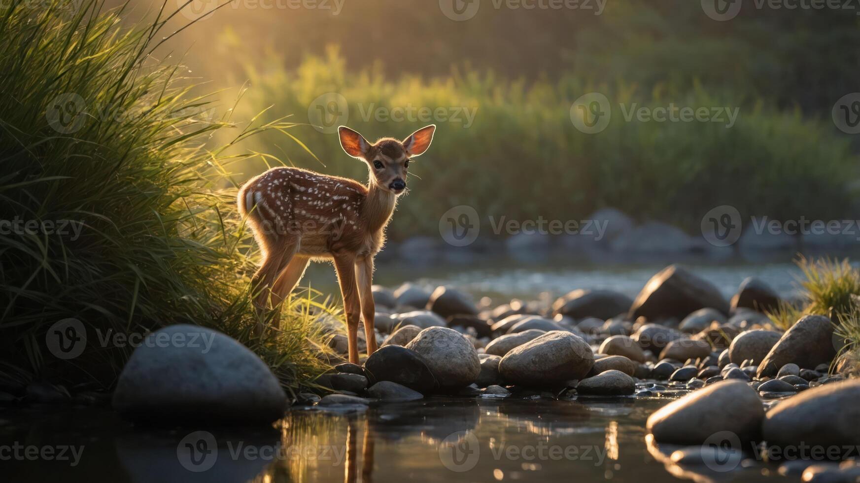 A fawn stands by a serene river, illuminated by soft sunlight filtering through the trees. photo