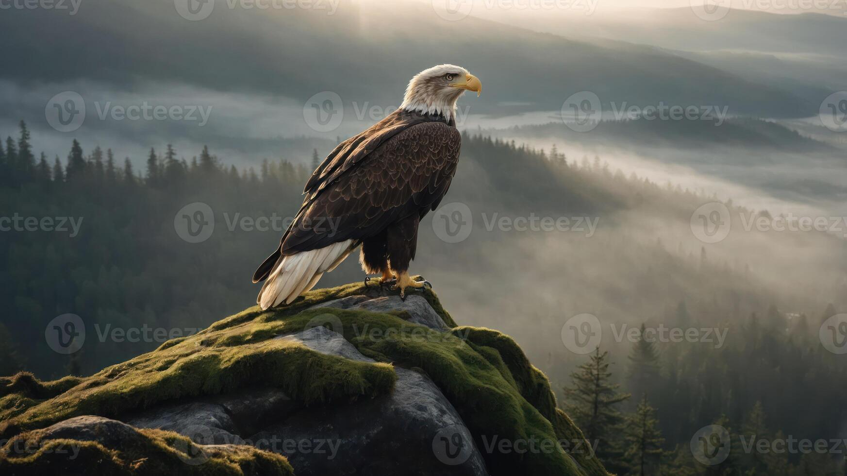 A majestic eagle perched on a moss-covered rock overlooking a misty landscape. photo