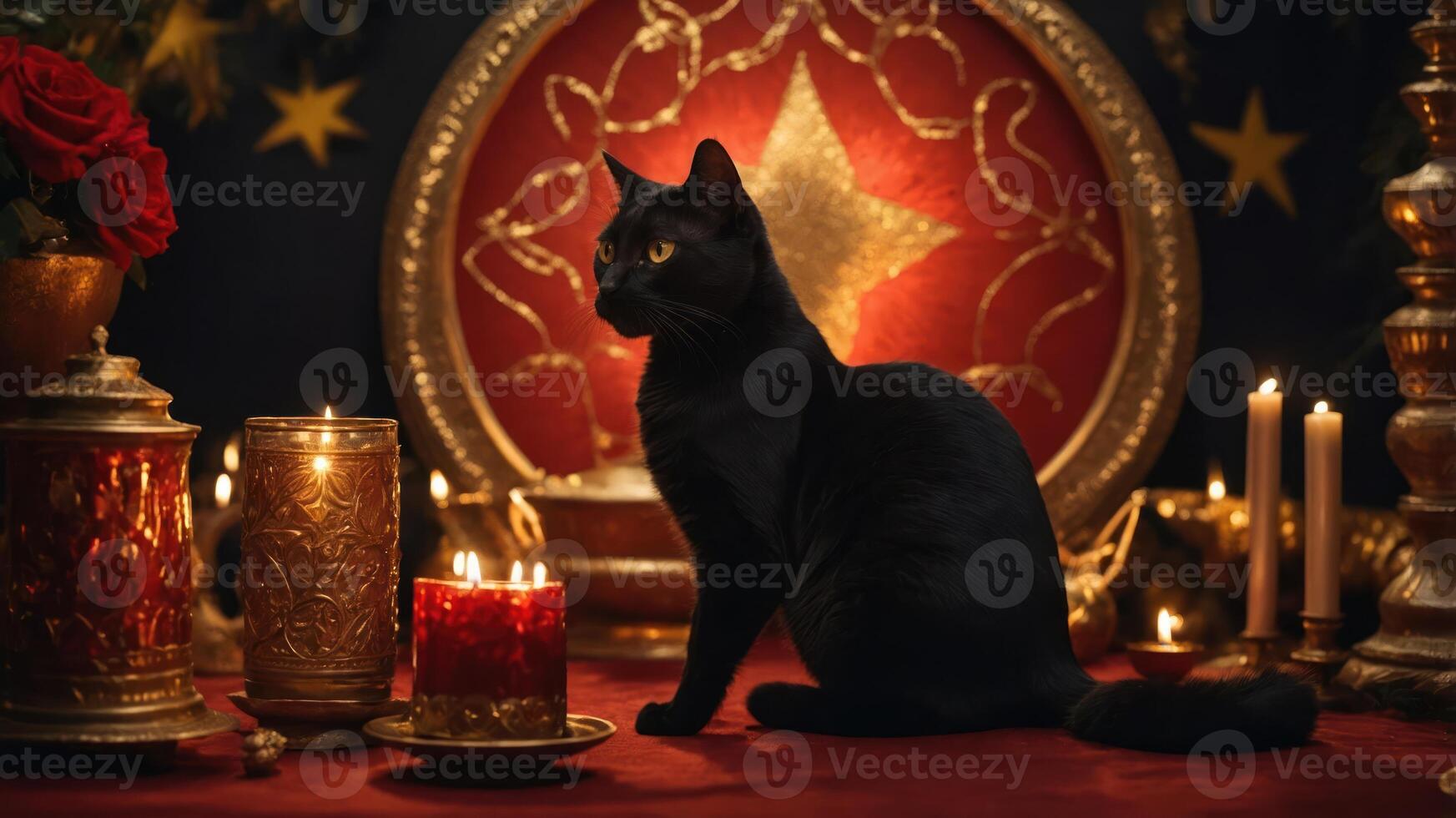 A black cat sits elegantly among candles and decorative elements in a mystical setting. photo