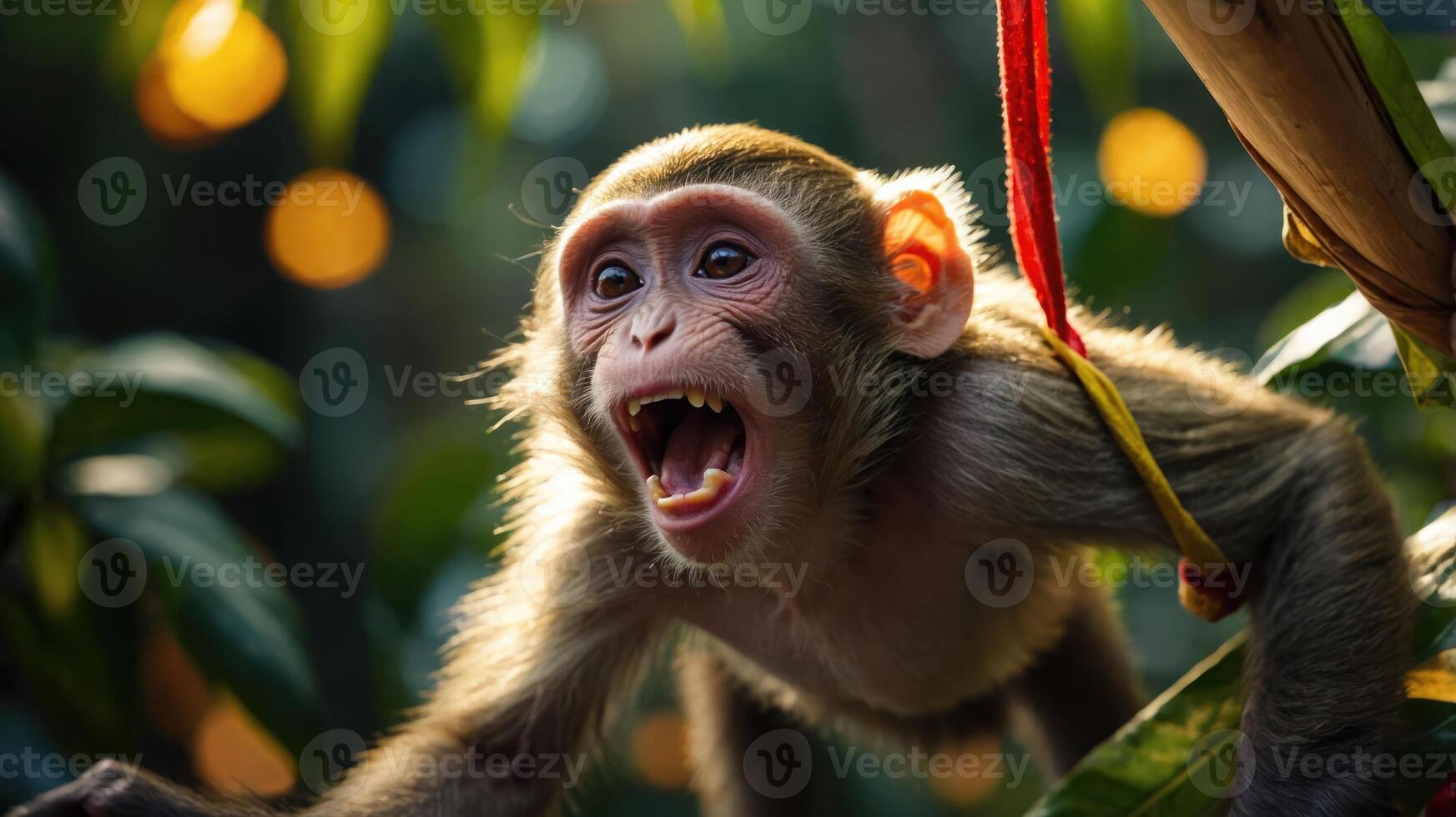 A monkey hanging from a branch, expressing excitement in a lush, vibrant environment. photo