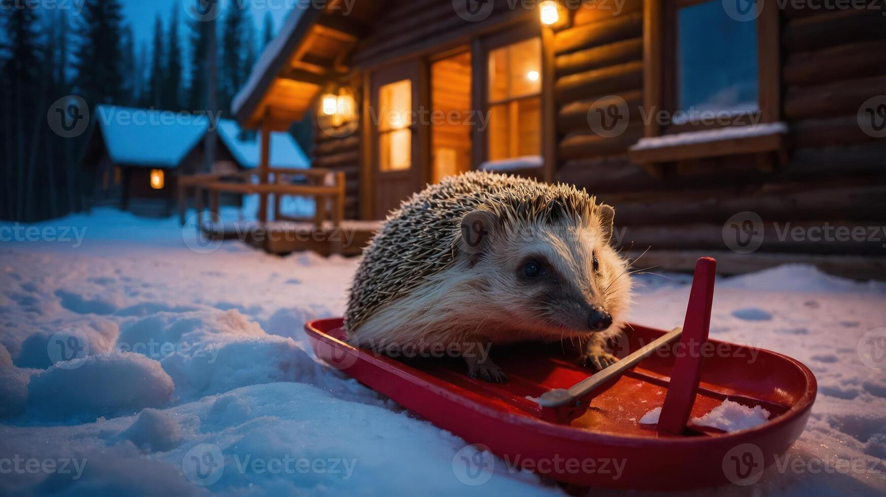 A hedgehog on a sled in a snowy landscape near a log cabin at dusk. photo