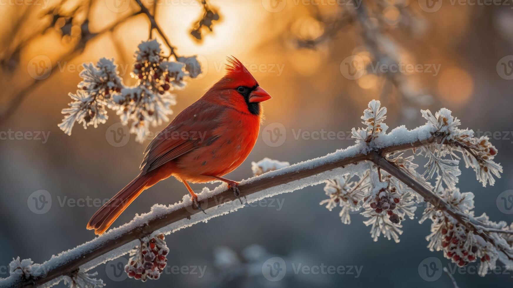 A vibrant cardinal perched on a frosty branch against a glowing sunset backdrop. photo