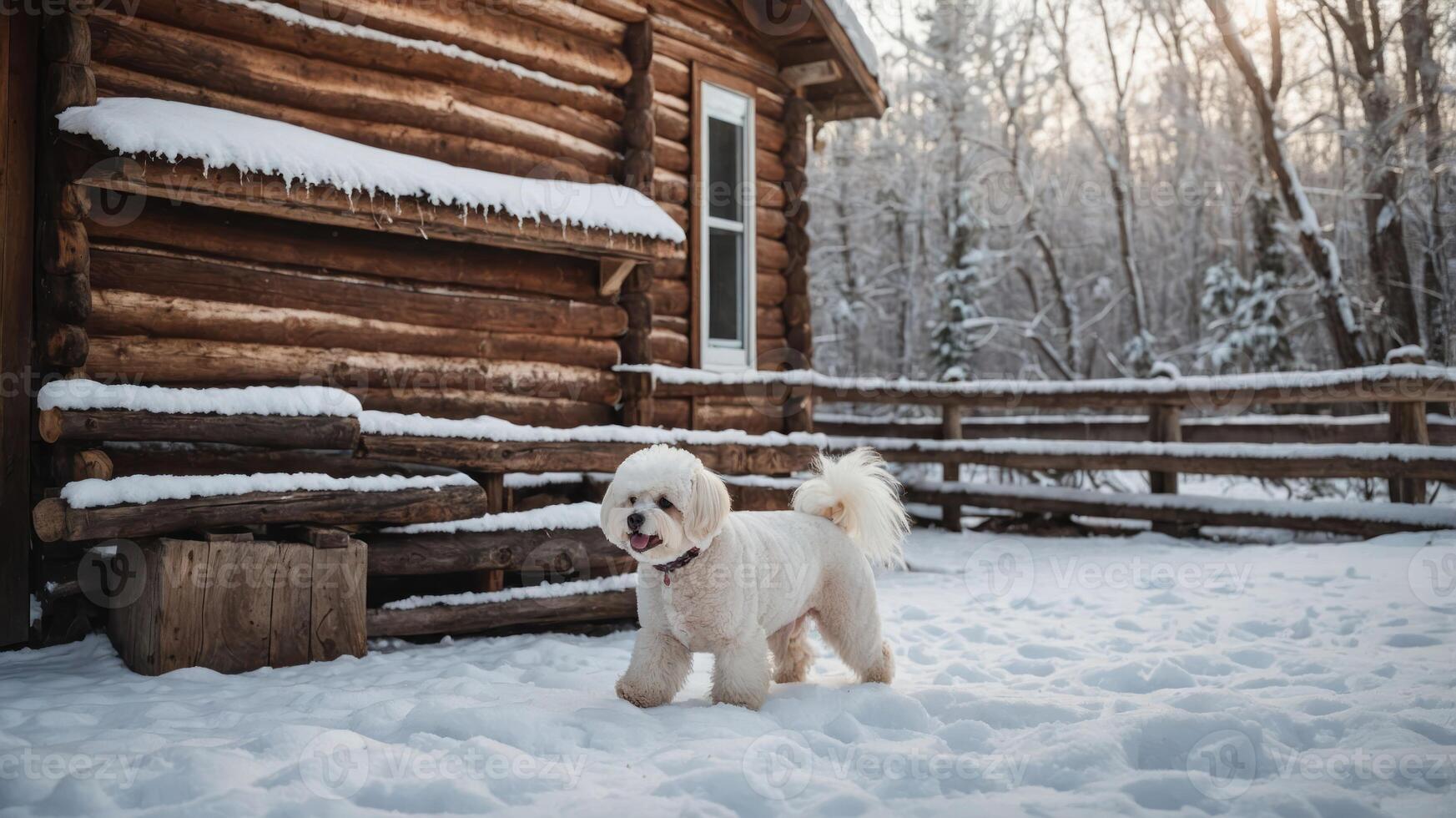 A fluffy dog stands in the snow near a rustic log cabin in a winter landscape. photo