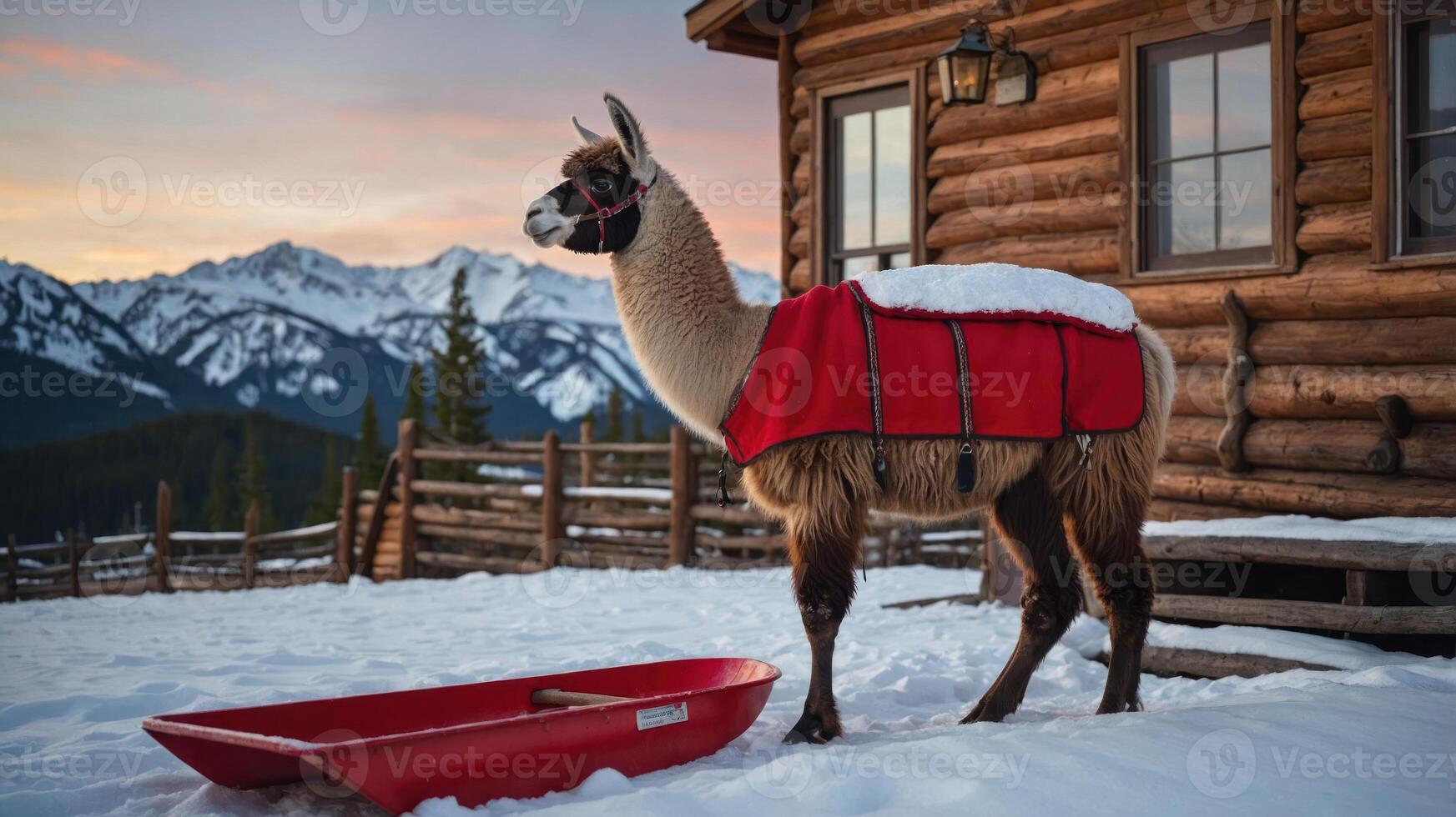 A llama in a snowy landscape near a log cabin, wearing a red harness and standing beside a sled. photo