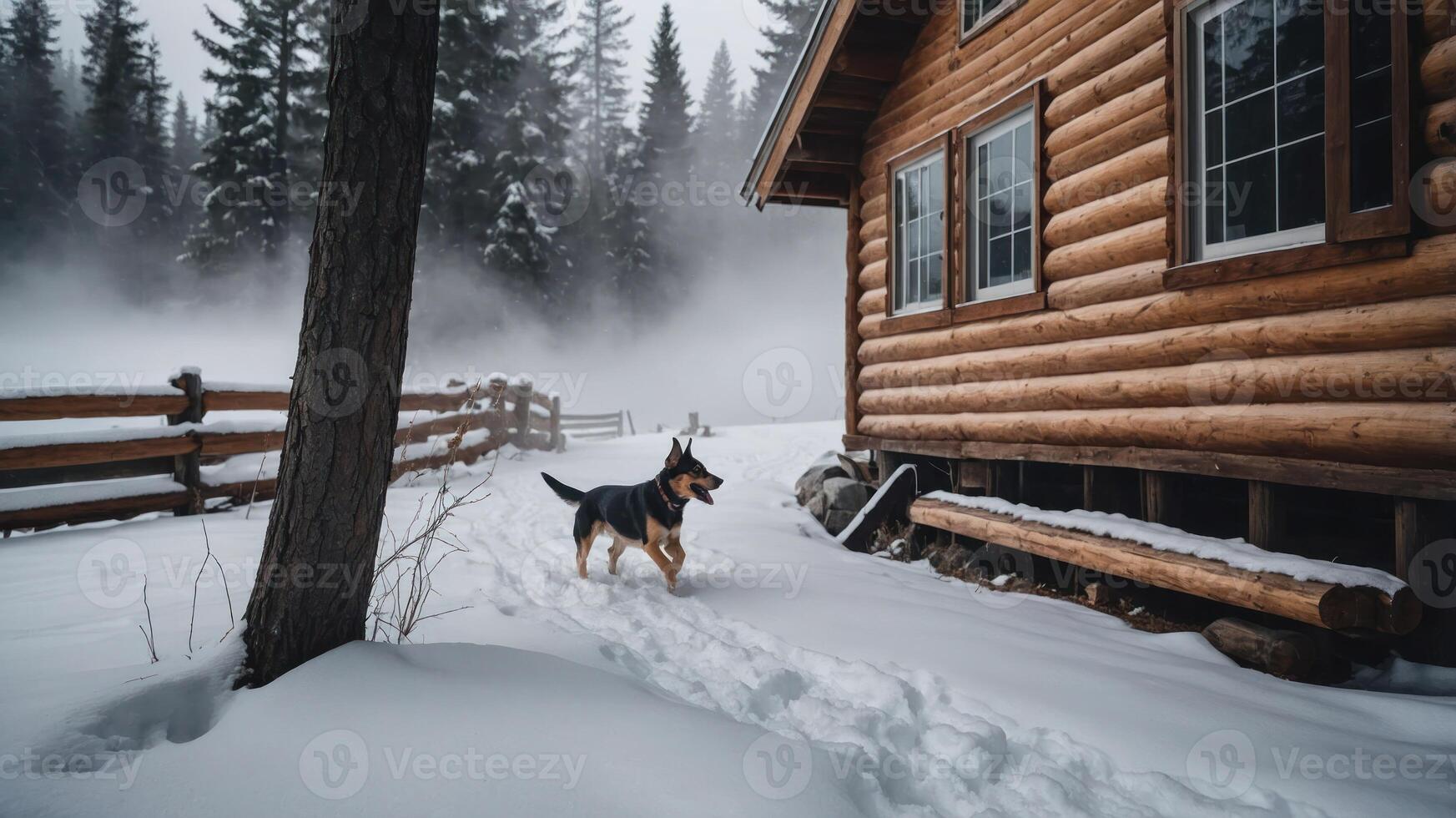 A dog walks through snowy terrain near a log cabin in a misty forest. photo