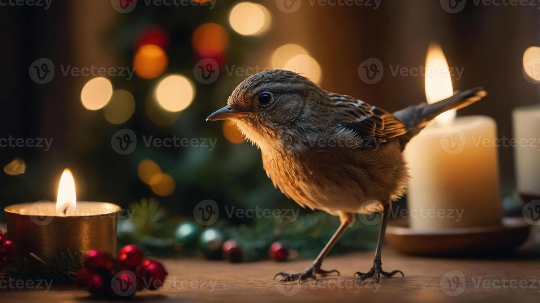 A small bird stands near candles and festive decorations, creating a cozy holiday atmosphere. photo