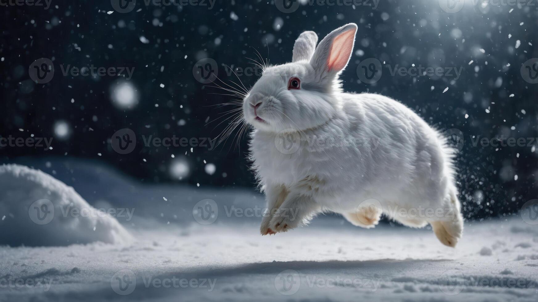 A white rabbit leaps through falling snow in a serene winter landscape. photo