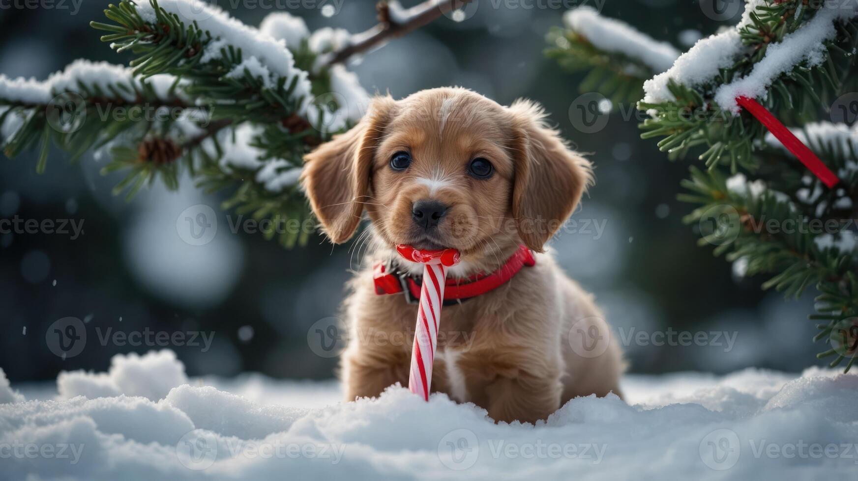 A playful puppy in snow, holding a candy cane, surrounded by pine branches. photo