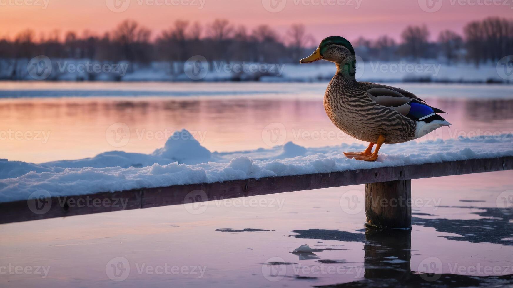 A duck stands on a snowy pier at sunset, reflecting on the calm water. photo