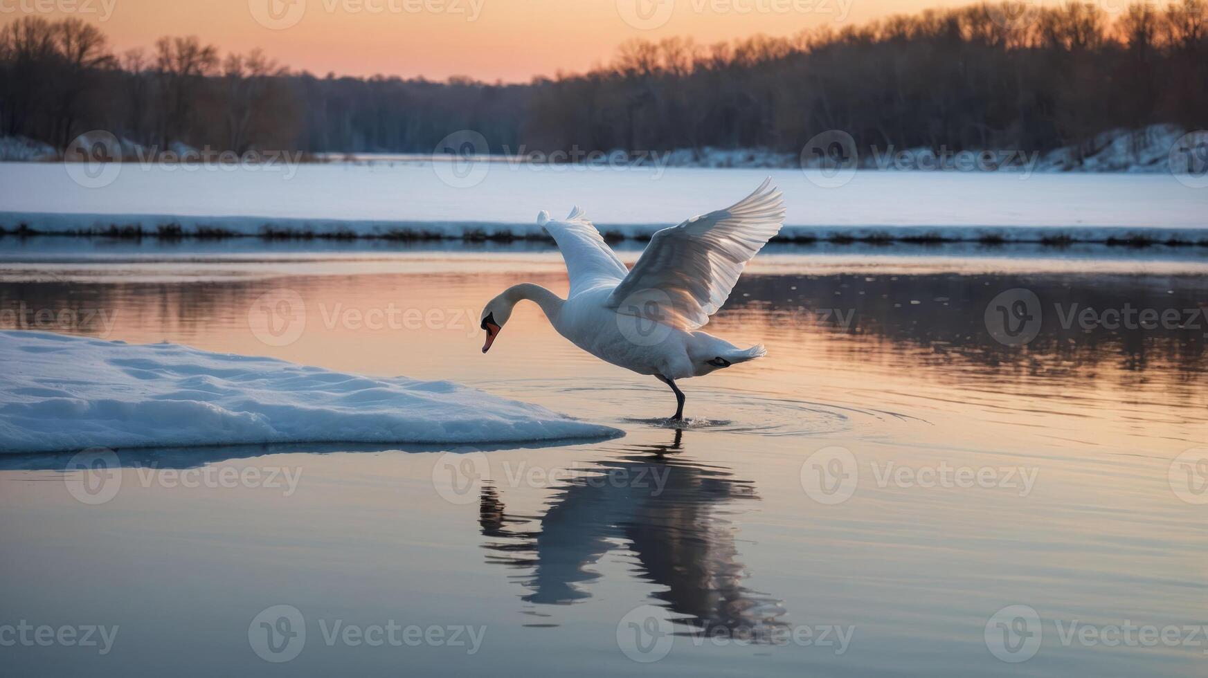 A graceful swan steps onto ice, reflecting on calm waters at sunset. photo