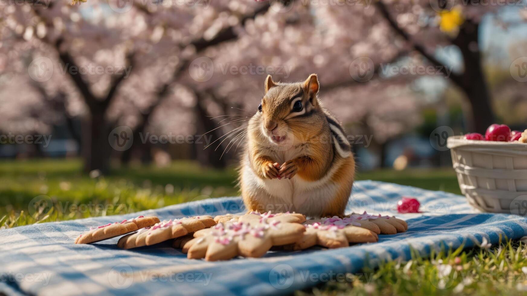 A chipmunk enjoys cookies on a picnic blanket under cherry blossom trees. photo