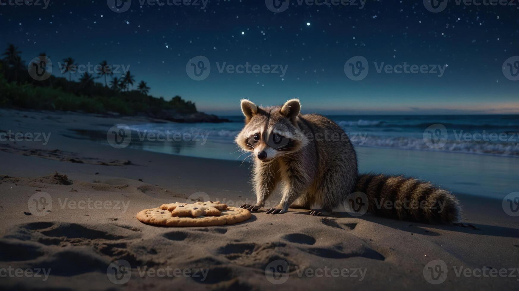 A raccoon on the beach curiously approaches a cookie under a starry night sky. photo