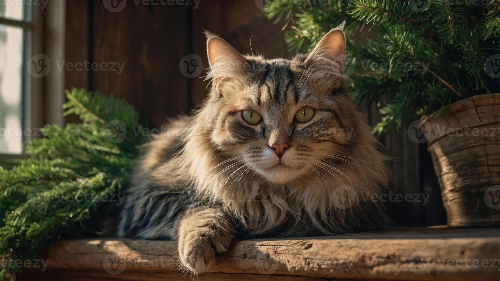 A serene tabby cat resting on a wooden shelf surrounded by greenery. photo