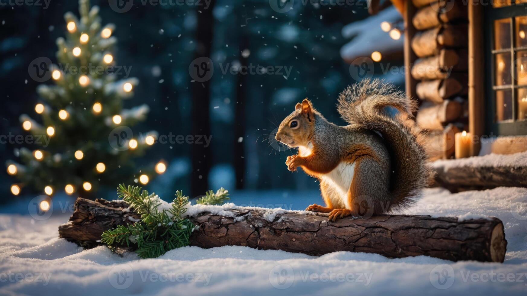 A squirrel sits on a log in a snowy landscape near a cabin, with a decorated Christmas tree. photo