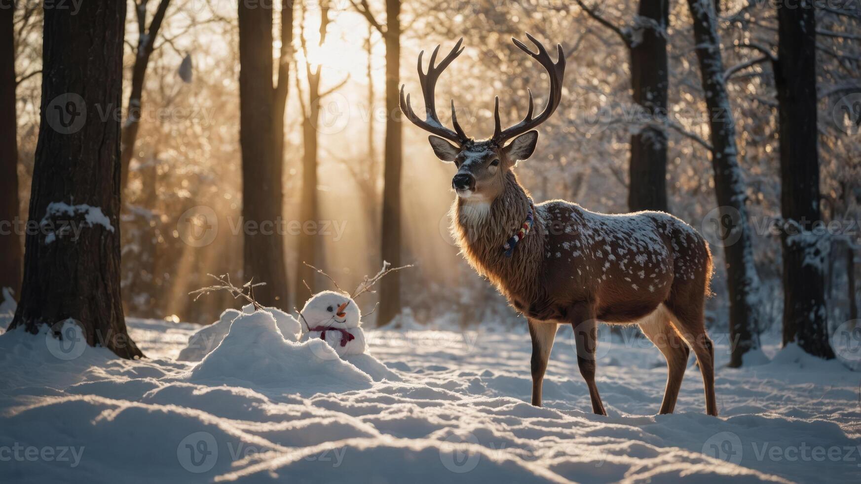 A deer stands beside a snowman in a serene winter forest scene. photo
