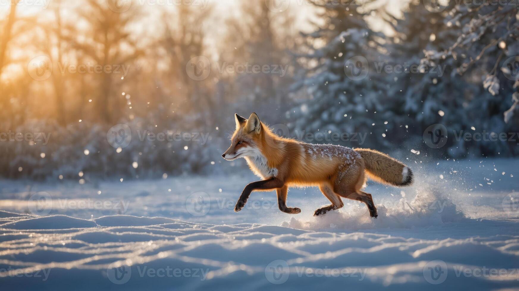 A fox running through a snowy landscape during sunset, creating a serene winter scene. photo