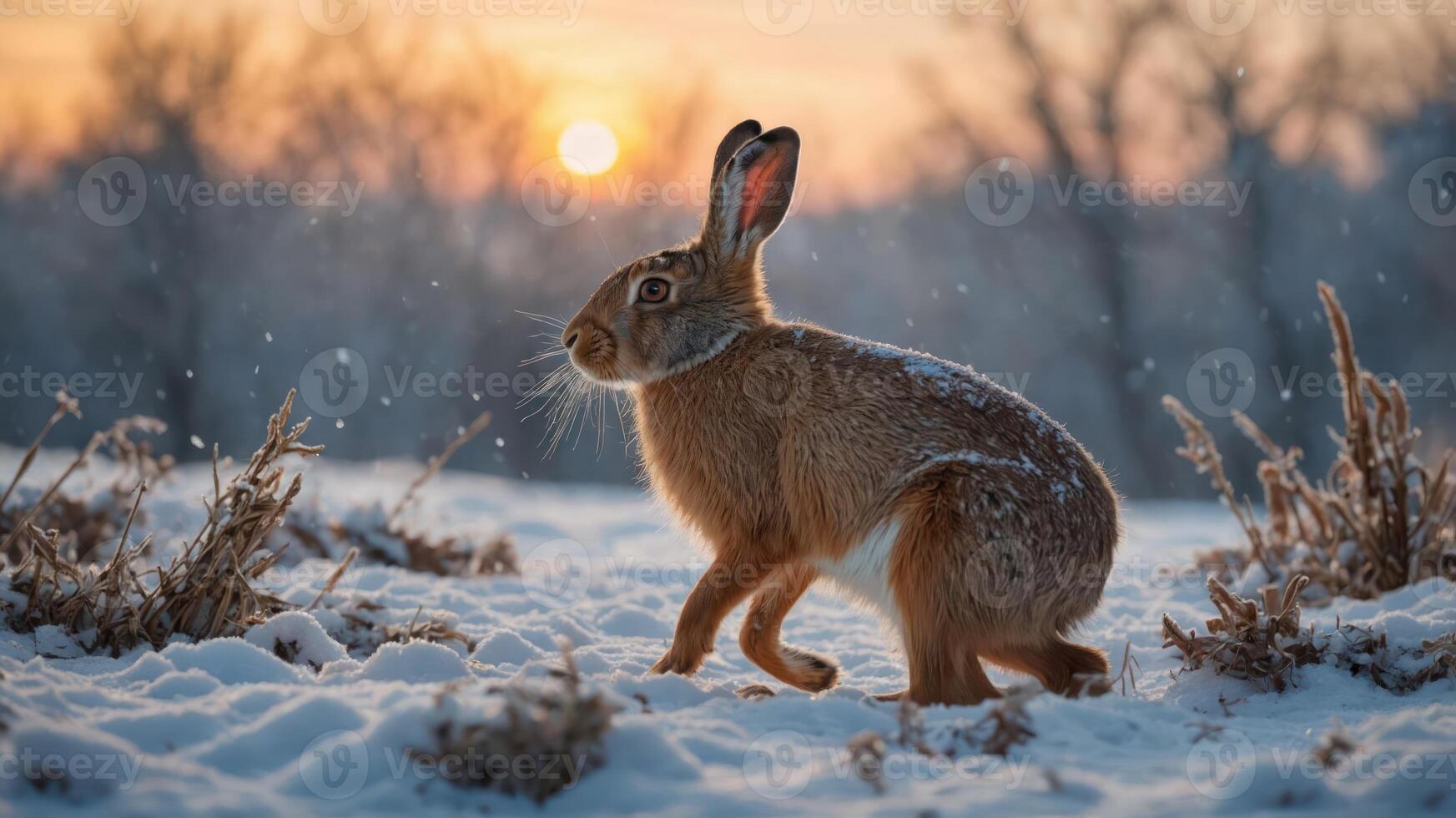 A rabbit in the snow at sunset, showcasing nature's beauty and tranquility. photo