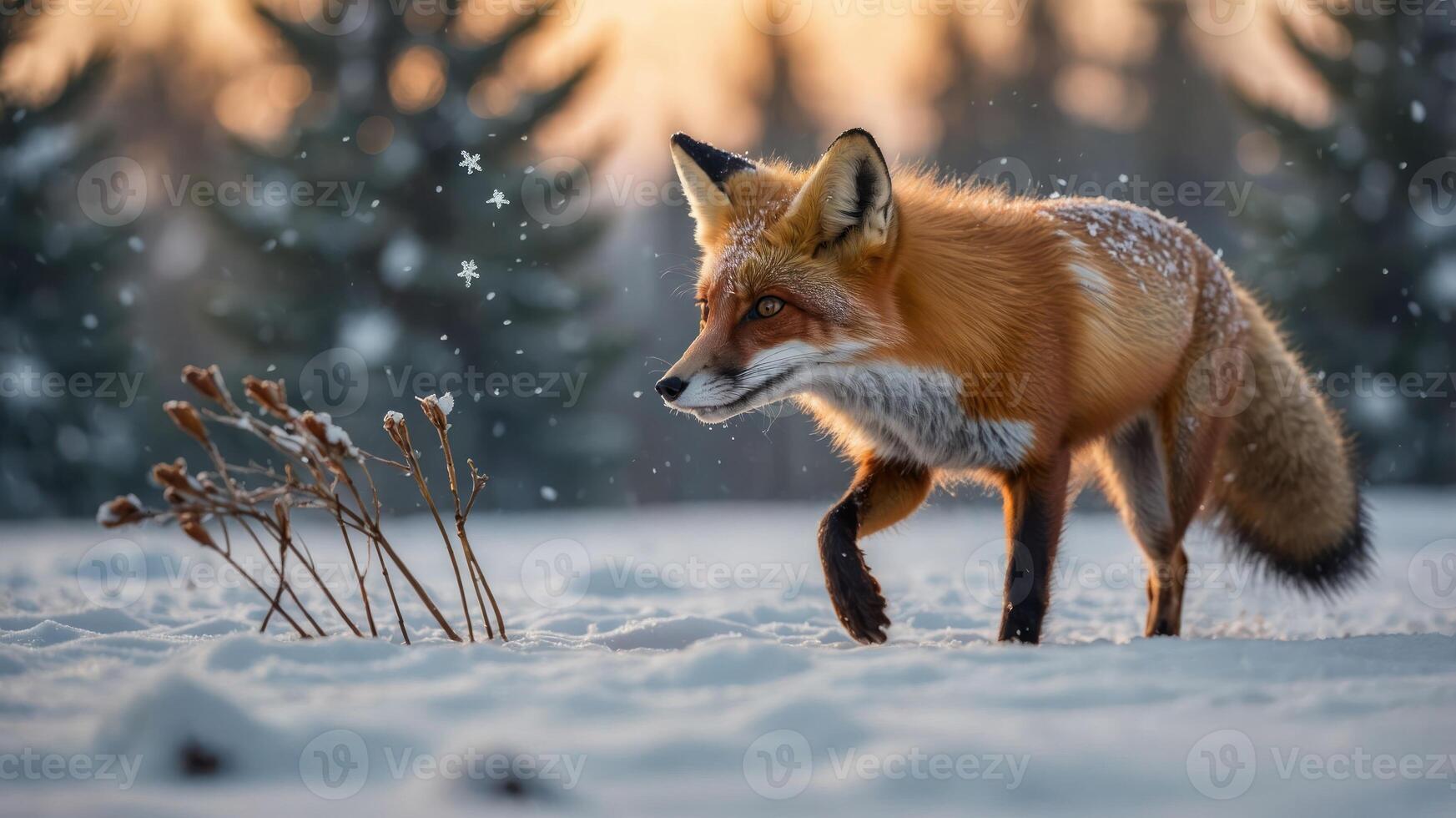 A red fox walks through a snowy landscape with softly falling snowflakes in the background. photo