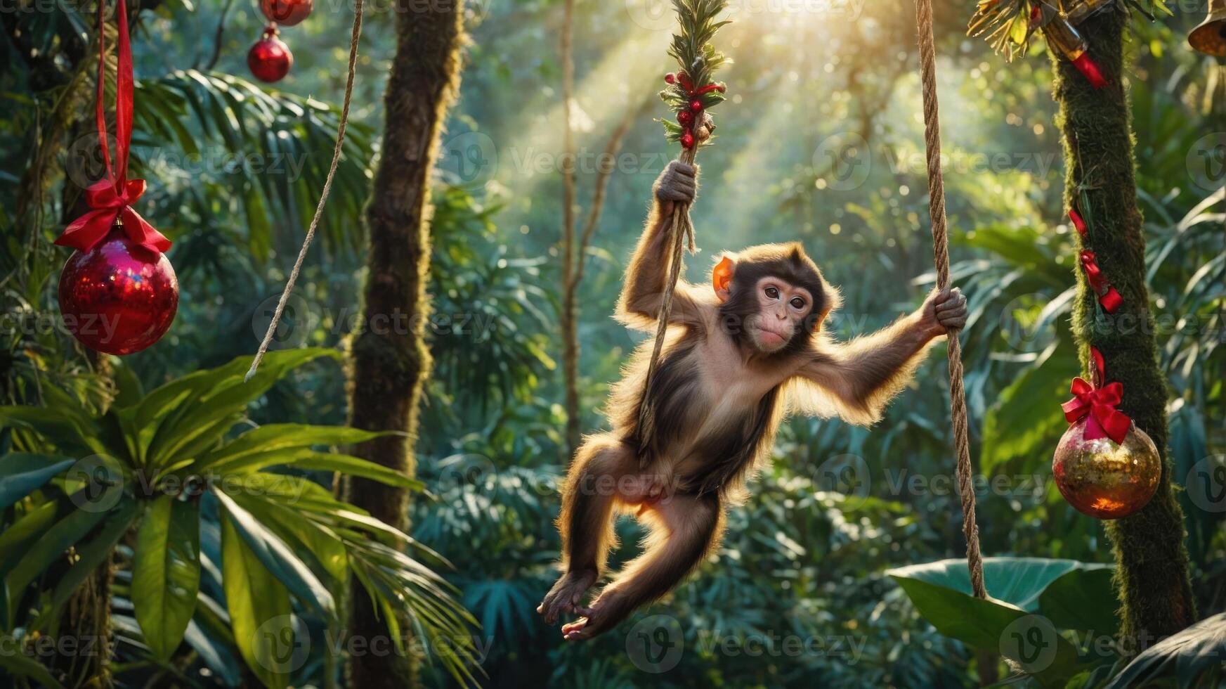 A playful monkey swings in a lush jungle, adorned with festive ornaments. photo