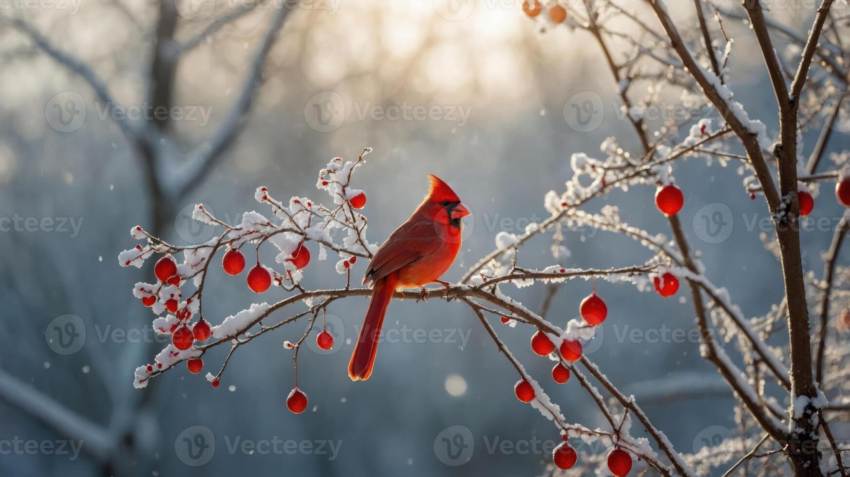 A vibrant cardinal perched on a frosty branch with red berries in a winter landscape. photo