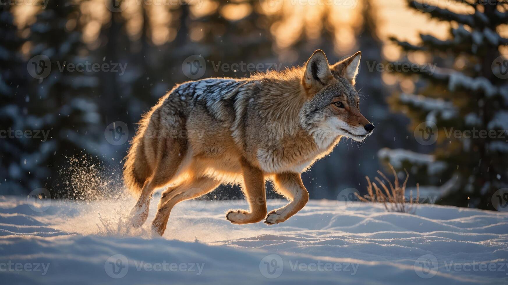 A coyote gracefully running through snowy terrain during sunset. photo