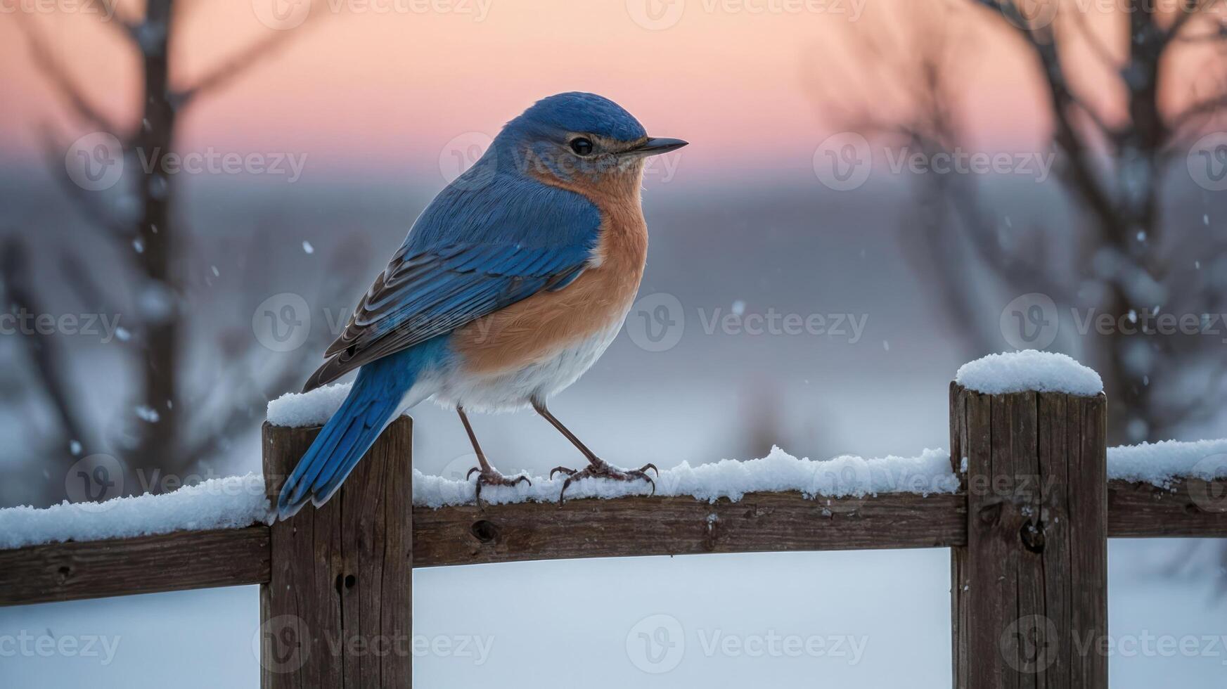A bluebird perched on a snow-covered fence at sunset, showcasing winter beauty. photo