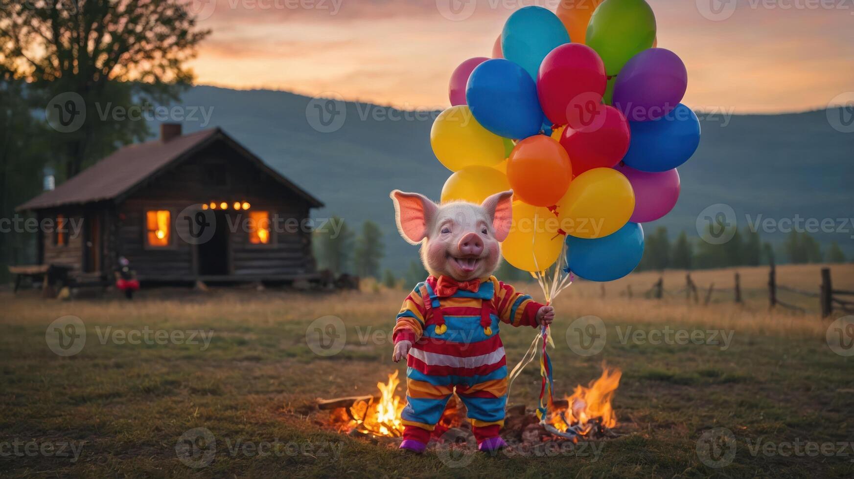 A cheerful pig in colorful attire holds balloons near a cabin and a campfire at sunset. photo