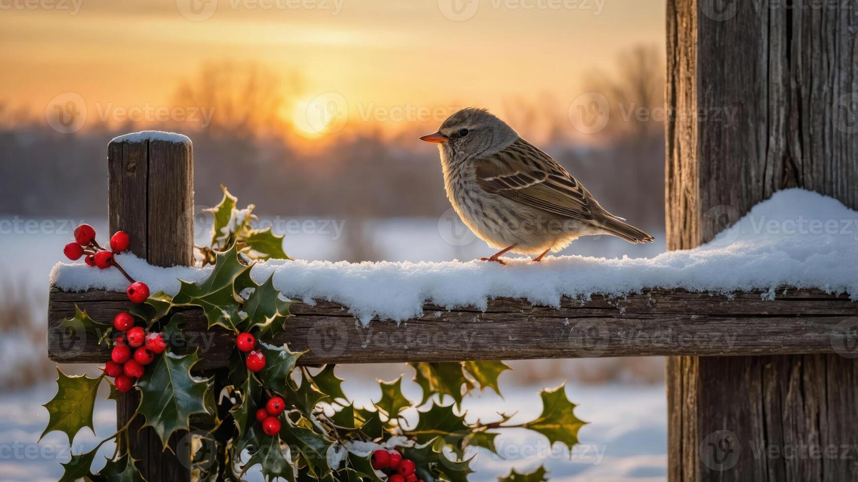 A serene winter scene featuring a bird on a snow-covered railing with holly decorations. photo