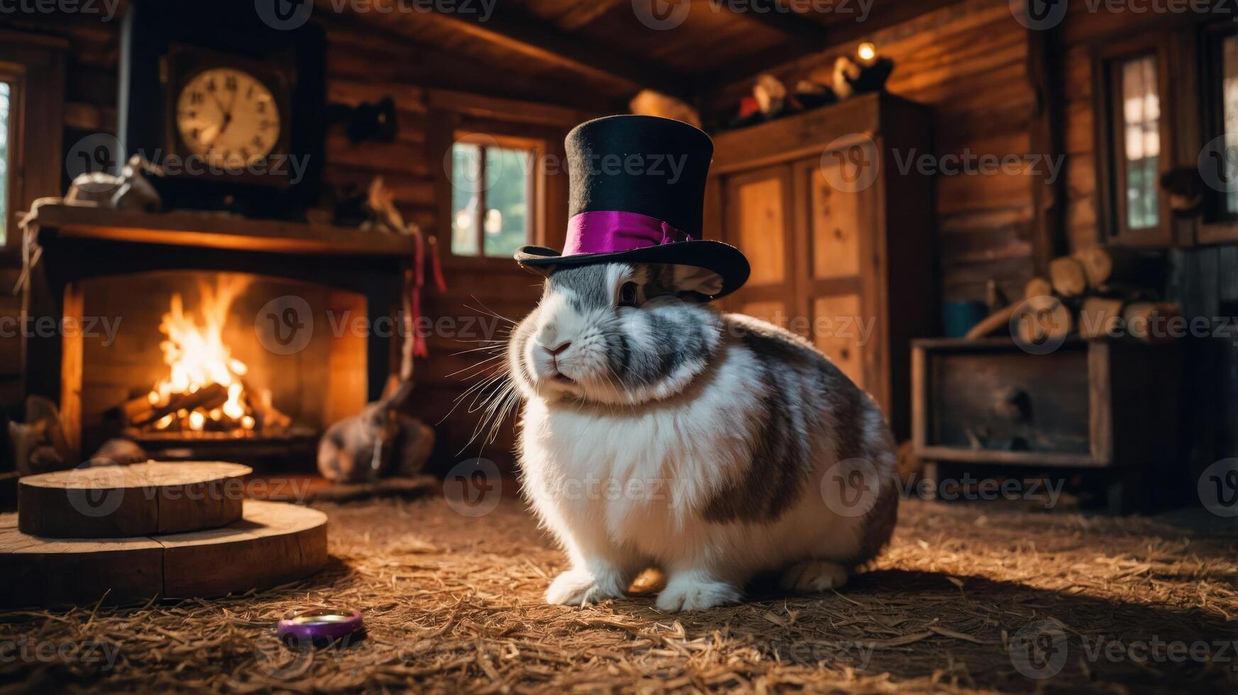 A rabbit wearing a top hat in a cozy wooden cabin setting by a fireplace. photo