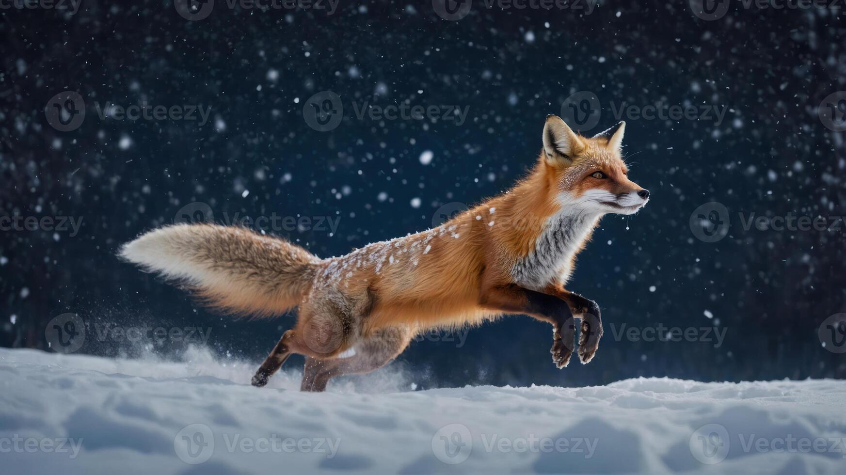A red fox gracefully runs through a snowy landscape during a snowfall. photo